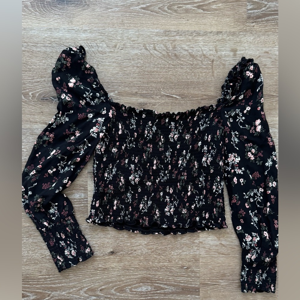 Reformation Floral Sleeve Smocked Crop Blouse